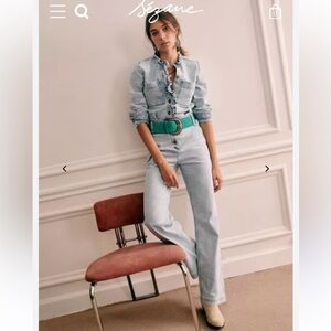 Sezane Miley Organic Cotton Denim Ruffle Jumpsuit in Blue Snow FR 34 US 2